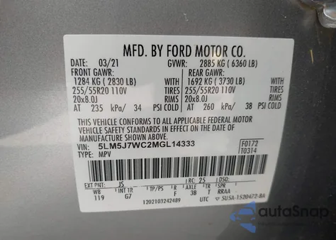 2021 Lincoln Aviator Reserve z USA, uszkodzony, nr VIN 5LM5J7WC2MGL14333